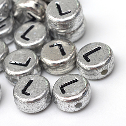 Letter L Plated Acrylic Horizontal Hole Letter Beads, Flat Round, Letter.L, 7x4mm, Hole: 1.3mm, about 3600pcs/500g