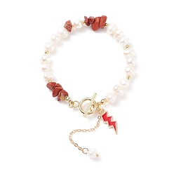 Красный Камень Браслет из натуральной красной яшмы и жемчужных бусин с эмалевыми подвесками-молниями, украшения из драгоценных камней для женщин, золотые, 7-5/8 дюйм (19.5 см)