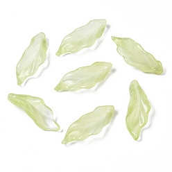 Yellow Green Transparent Spray Painted Glass Pendants, Leaf, Yellow Green, 33~34x12x7~9mm, Hole: 1.5mm