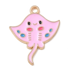 Pink Alloy Pendants, Stingray Charms, Light Gold, Pink, 22x18x1mm, Hole: 1.6mm