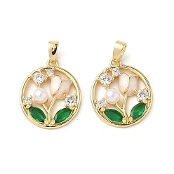 Розовый Латунные микро проложить кубического циркония подвески, плоские круглые с цветком, Эмаль стиле, с abs имитационными жемчужными бусинами , реальный 18 k позолоченный, туманная роза, 19.5x16x5 мм, отверстие : 4x3 мм