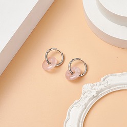 Rose Quartz Natural Rose Quartz Pi Disc/Donut Dangle Hoop Earrings, 304 Stainless Steel Jewelry for Women, 29.5mm, Pin: 1mm