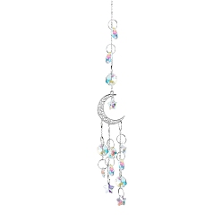 Clear AB Glass Pendant Decorations, Suncatchers, with Iron Findings, Moon & Star, Clear AB, 380mm