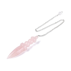 Rose Quartz Natural Rose Quartz Dowsing Pendulum Pointed Pendants, with Iron Chain & Glass, Bullet Charms, Silver Color Plated, 259~265mm, Hole: 2mm