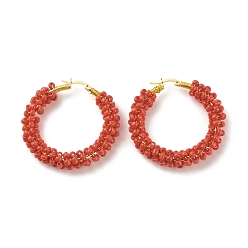 Шоколадный Серьги-кольца из стеклянных бусин для женщин, настоящие 18k позолоченные большие круглые латунные серьги-кольца, цвет шоколада, 44x45x8.5 мм, штифты : 1.4x0.4 мм