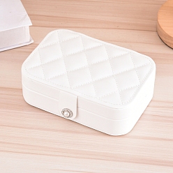 White Rectangle PU Imitation Leather Jewelry Storage Boxes, Portable Travel Rhombus Textured Case with Snap Clasp, for Ring Earring Holder, Gift for Women, White, 16.5x11.5x5.5cm