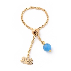 Apatit Einstellbare Fingerringe aus 304 Edelstahl, Schieberegler Ringe, mit natürlichen Apatitperlen, Lotosblume, golden, 96 mm