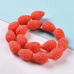 Оранжево-Красный Окрашенные синтетические кораллы в форме капли резные бусы из бутонов, оранжево-красный, 21x14x14 мм, отверстие : 1 мм, около 16 шт / нитка, 13 дюйм