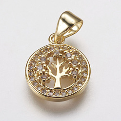 Golden Brass Micro Pave Cubic Zirconia Charms, Flat Round with Tree of Life, Golden, 14x12x3mm, Hole: 3x5mm