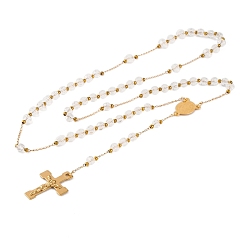 Белый Ионное покрытие(ip) распятие крест 304 четки из нержавеющей стали, с акриловыми шариками, белые, 25.98 дюйм (66 см)