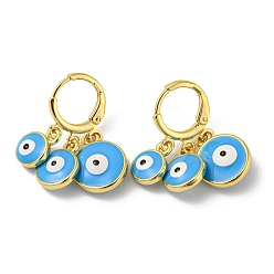 Deep Sky Blue Golden Brass Dangle Leverback Earrings, with Enamel, Evil Eye, Deep Sky Blue, 27x12mm
