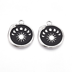 Черный 304 подвески из нержавеющей стали, с эмалью, плоский круглый с подвесками в виде змеи, фаз Луны и солнца, цвет нержавеющей стали, чёрные, 23x20x2 мм, отверстие : 2.5 мм