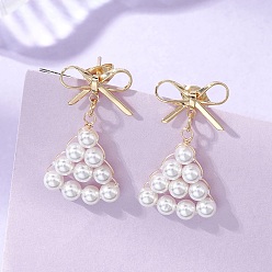 Настоящее золото 18K Латунные качают серьги, с оболочкой жемчуг, бантик с треугольником, реальный 18 k позолоченный, 30x16 мм