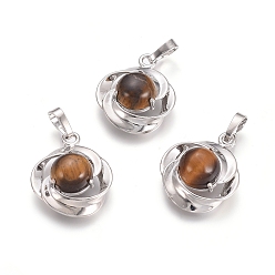 Тигровый глаз Природных тигровый глаз подвески, с латунной фурнитурой платинового цвета, цветок, 24x19.4x9.8 мм, отверстие : 6x3.5 мм