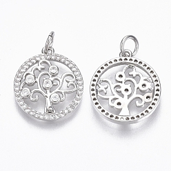 Real Platinum Plated Brass Micro Pave Cubic Zirconia Pendants, with Jump Ring, Nickel Free, Ring with Tree, Clear, Real Platinum Plated, 17.5x15.5x2mm, Hole: 3mm