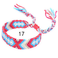 Cerise Cotton Braided Rhombus Pattern Cord Bracelet, Ethnic Tribal Adjustable Brazilian Bracelet for Women, Cerise, 5-7/8~14-1/8 inch(15~36cm)