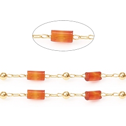 Carnelian Handmade Natural Carnelian Beaded Chains, Real 18K Gold Plated Plated Brass Chains, Soldered, with Spool, Long-Lasting Plated, 4~5x2~2.5mm, Beads: 2mm, Link: 2x1x0.2mm and 2x1.5x0.2mm, about 32.8 Feet(10m)/roll