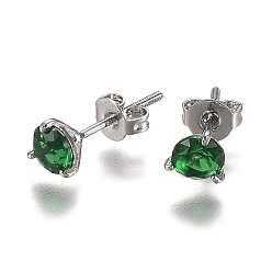 Зеленый Латунь кубического циркония серьги стержня, серьги-гвоздики с завинчивающейся задней крышкой, со шпилькой из стерлингового серебра и ушными гайками, плоско-круглые, серебряный цвет гальваническим, зелёные, 925 мм, штифты : 16x5.5 мм