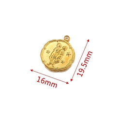 Близнецы 304 кулон из нержавеющей стали, золотые, плоский круглый с подвеской в виде созвездия, Близнецы, 19.5x16 мм