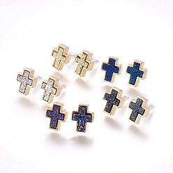 (52) Непрозрачная лаванда Латунь серьги, с druzy кабошонов смолы, крестик, золотые, разноцветные, 14x11x4~6 мм , штифт: 0.8 мм