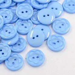 Cornflower Blue Acrylic Sewing Buttons for Clothes Design, Plastic Buttons, 2-Hole, Dyed, Flat Round with Flower Pattern, Cornflower Blue, 16x3mm, Hole: 1mm