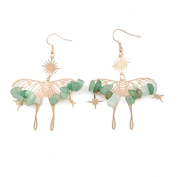 Зеленый Авантюрин Серьги с подвесками из натурального зеленого авантюрина, Богемные полые бабочки из латуни для женщин, 75x46 мм