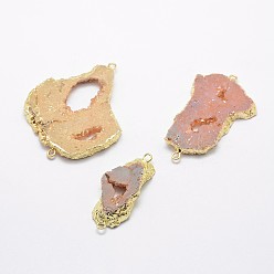 Sandy Brown Electroplate Natural Druzy Quartz Crystal Links connectors, with Brass Finding, Golden, Nuggets, Sandy Brown, 39~63x21~43x8~10mm, Hole: 1.5~2mm