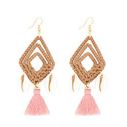 Pink Western Style Dangle Earings, with Woven Rattan, Cowrie Shell and Tassel, Rhombus, Pink, 100x40mm
