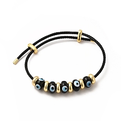 Черный Браслет лэмпворк сглаз и латунные бусы, регулируемый браслет из нержавеющей стали для женщин, чёрные, внутренний диаметр: 2-1/8~3-3/8 дюйм (5.5~8.5 см)
