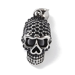 Jet 316 Surgical Stainless Steel Pendants, with Rhinestone, Skull Charm, Antique Silver, Jet, 27x15x16mm, Hole: 8.5x3.5mm