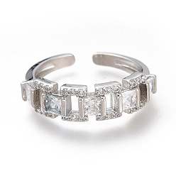 Platinum Brass Micro Pave Clear Cubic Zirconia Cuff Rings, Open Rings, Long-Lasting Plated, Rectangle, Platinum, US Size 7(17.3mm)