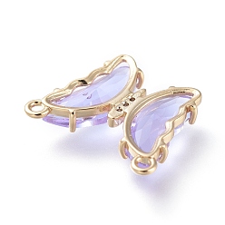 Lavender Brass Micro Pave Clear Cubic Zirconia Links, with Glass, Butterfly, Golden, Lavender, 18x21.5x4.5mm, Hole: 1.4mm