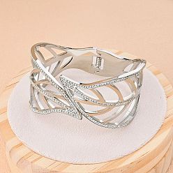 Серебро 304 Браслеты из нержавеющей стали с кристаллами и стразами для женщин, лист, серебряные, внутренний диаметр: 2-3/8 дюйм (6 см)