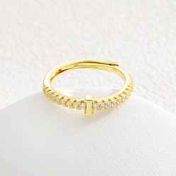 Letter I Регулируемые латунные кольца с микропаве из прозрачных кубических цирконий для женщин, буквы, золотые, Буква "i", внутренний диаметр: 16~19 мм