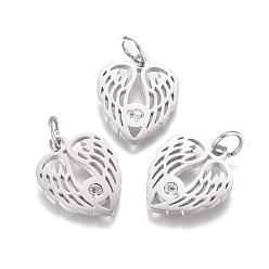 Real Platinum Plated 316 Surgical Stainless Steel Pendants, with Micro Pave Cubic Zirconia and Jump Ring, Long-Lasting Plated, Heart Wing, Clear, Real Platinum Plated, 14.7x12.3x1.5mm, Hole: 3.5mm