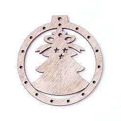 BurlyWood Undyed Wood Big Pendants, Flat Round with Christmas Tree, BurlyWood, 68.5x64x2.5mm, Hole: 2.5mm
