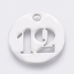 Number Не тускнеющие 304 подвески из нержавеющей стали, отрезать, полый, плоские круглые с номером, цвет нержавеющей стали, кол. 12, 19x1.5 мм, отверстие : 2.5 мм