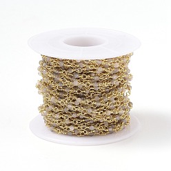 Лабрадорита Натуральный лабрадорит ручной работы из бисера, с латунной фурнитурой , золотые, несварные, круглые, граненые, с катушкой, 12x1~1.25 мм, бусина : 2~2.5 mm, около 32.8 футов (10 м) / рулон