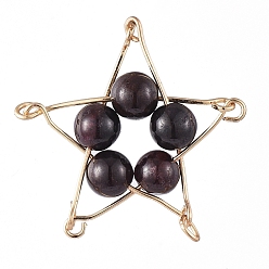 Garnet Natural Garnet Pendants, with Golden Plated Iron Eye Pin, Star, 29x29x6.5mm, Hole: 1mm