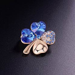 Blue SHEGRACE Alloy Brooch, Micro Pave AAA Cubic Zirconia Four Leaf Clover with Austrian Crystal, Blue, 22x25mm