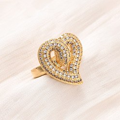 Прозрачный Регулируемые латунные кольца-манжеты с микропаве из кубического циркония для женщин, сердце, реальный 16 k позолоченный, прозрачные, 23x21 мм, регулируемый