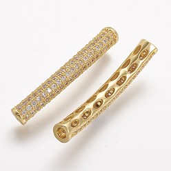 Golden Brass Micro Pave Cubic Zirconia Tube Beads, Tube, Curved, Clear, Golden, 31.5x4.2mm, Hole: 2mm