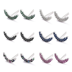 Mixed Color Moon Sparkling Cubic Zirconia Stud Earrings for Her, Platinum Brass Micro Pave Cubic Zirconia Earrings, Mixed Color, 12x6x1.5mm, Pin: 0.8mm