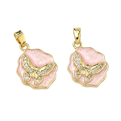 Бледно-Розовый Латунные микропаве прозрачные подвески с фианитом, подвески с эмалевыми бабочками, стойки покрытие, долговечный, реальный 18 k позолоченный, розовый жемчуг, 18.5x14x3 мм, отверстие : 5x2 мм