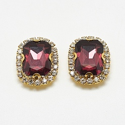 Бургундия Шить на горный хрусталь, многожильных ссылки, стеклянные стразы, с латунной фурнитурой , аксессуары для одежды, прямоугольник восьмиугольник, золотые, Бургундия, 31x24x8 мм, отверстие : 1.5 мм