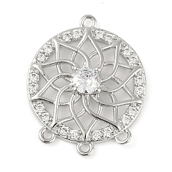 Платина Звенья компонентов люстры из латуни, прозрачного кубического циркония, полые плоские круглые с цветком, платина, 18.5x15x3.5 мм, отверстие : 1 мм