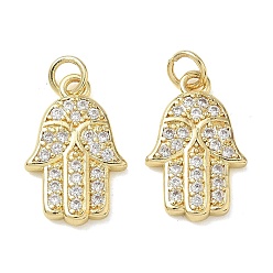 Real 18K Gold Plated Religion Brass Micro Pave Clear Cubic Zirconia Pendants, Hamsa Hand Charms, Real 18K Gold Plated, 19x12x2mm, Hole: 3.5mm