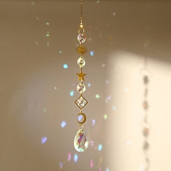 Teardrop Латунные с железной цепью подвесные украшения, Стеклянные ловцы солнца с кисточками для садовых наружных подвесных украшений, золотые, слеза, 335 мм