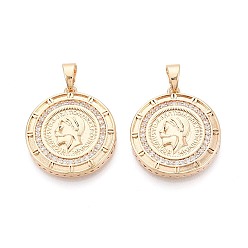 Настоящее золото 18K Подвески из латуни с прозрачным фианитом, плоская круглая форма с подвесками в виде монеток, реальный 18 k позолоченный, 26x23.5x4 мм, отверстие : 6x4 мм