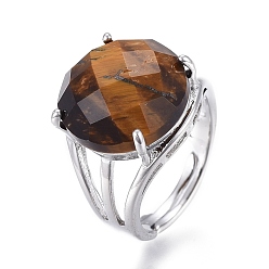 Тигровый глаз Регулируемые граненые кольца из натурального тигрового глаза, с платиновой и латунной фурнитурой, плоско-круглые, Размер 8, внутренний диаметр: 18 мм